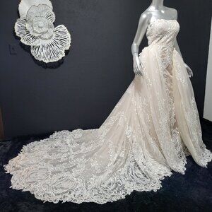 NWT~$1780~ALLURE COUTURE~4/6~IVORY NUDE STRAPLESS DETACHABLE TRAIN WEDDING DRESS